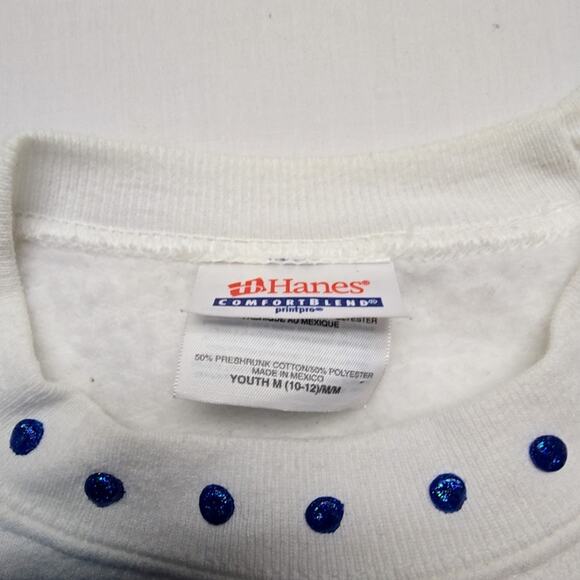 Vintage Scarecrow Sweatshirt Hanes Blue Bow White Youth M Fall Sweater 90s - Picture 8 of 13